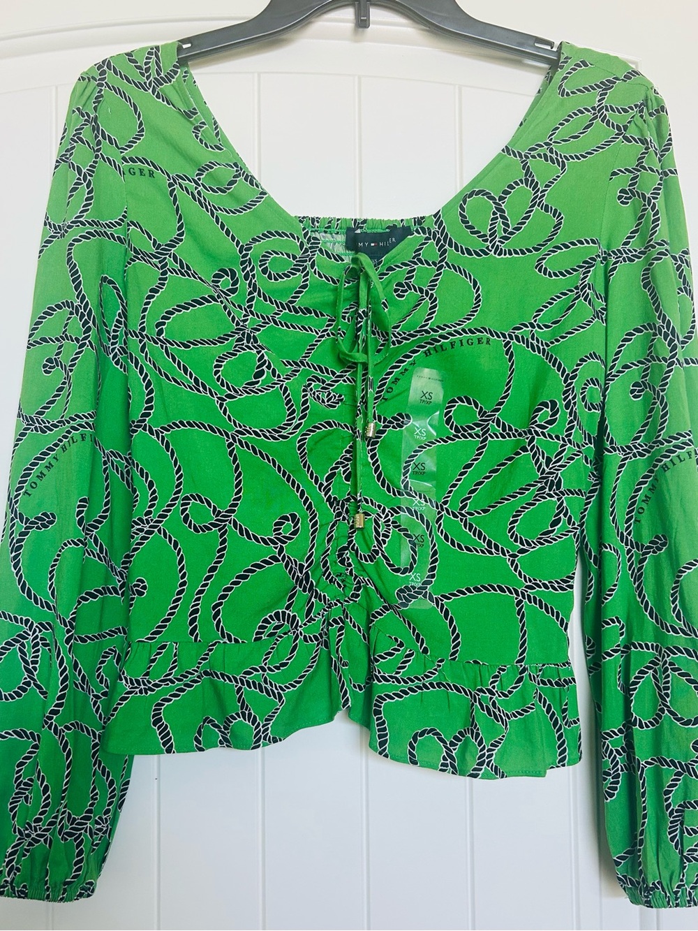 Tommy Hilfiger Green Rope-Print Tie-Front Blouse